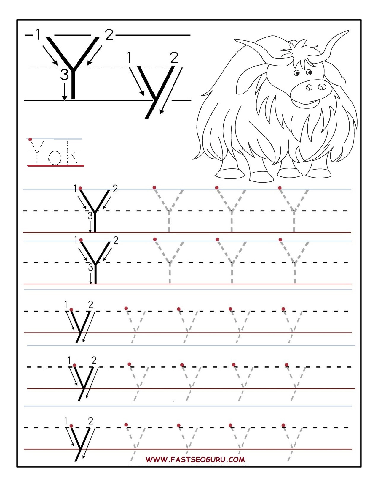 printable letter y tracing worksheets for preschool